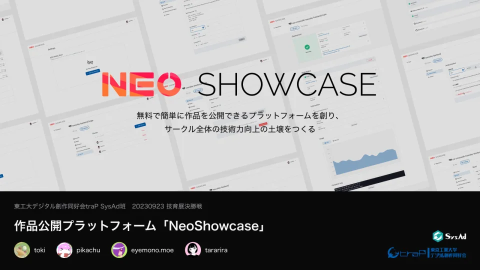 NeoShowcaseの技育展2023決勝発表の表紙。管理画面、作品公開プラットフォームの説明と開発メンバーを掲載